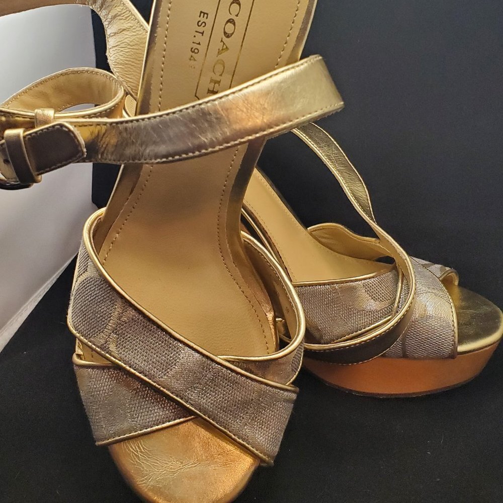 Coach Carlyn Gold and Wooden Heels w/Ankle Strap SZ 5